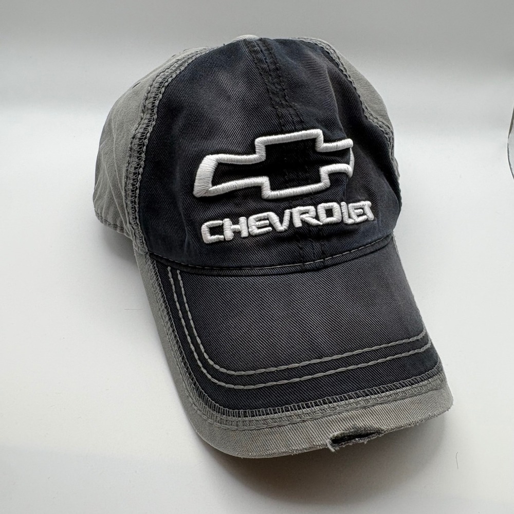 Chevrolet GM Licensed Distressed Baseball Cap Hat Gray Navy Blue Adjustable OSFM